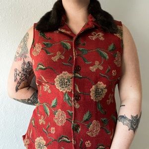Vintage Floral Vest with Removable Faux Fur Trim